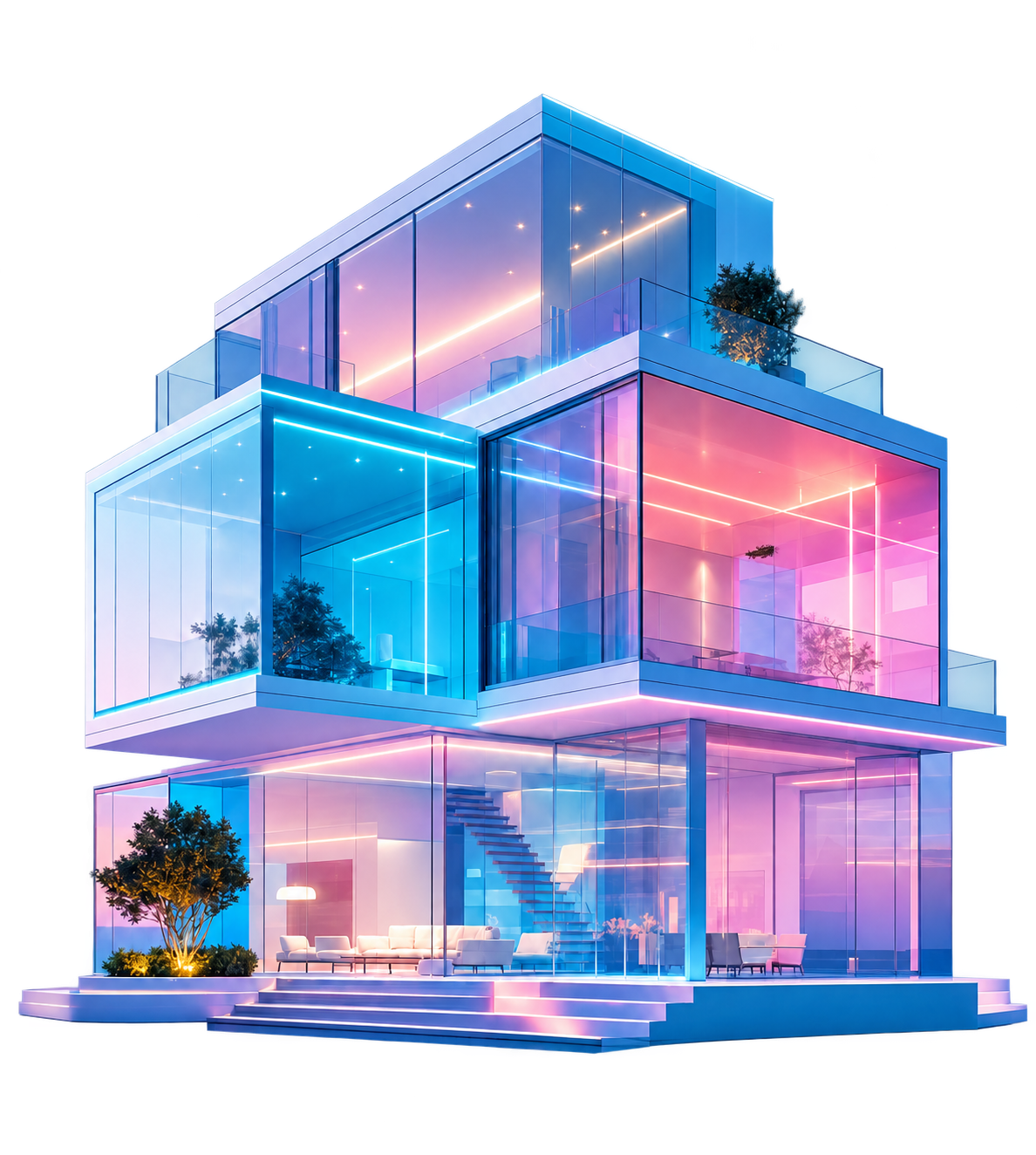 Modern glass house illuminated in blue and pink